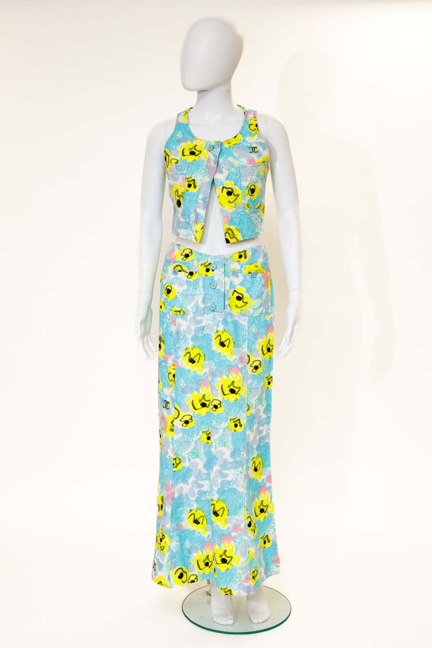 Chanel 1997 Blue Floral Terry Cloth Top and Skirt Set