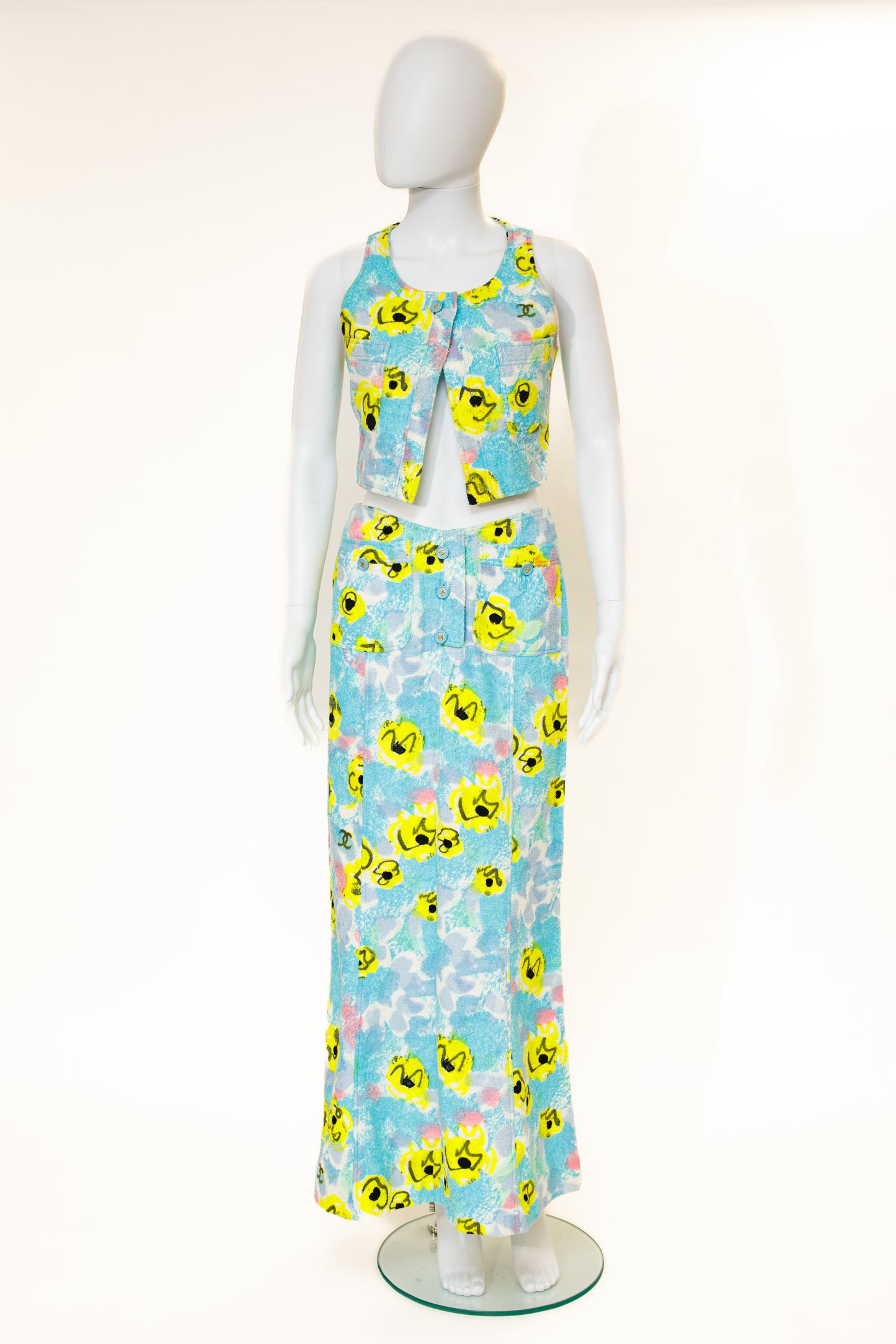Chanel 1997 Blue Floral Terry Cloth Top and Skirt Set