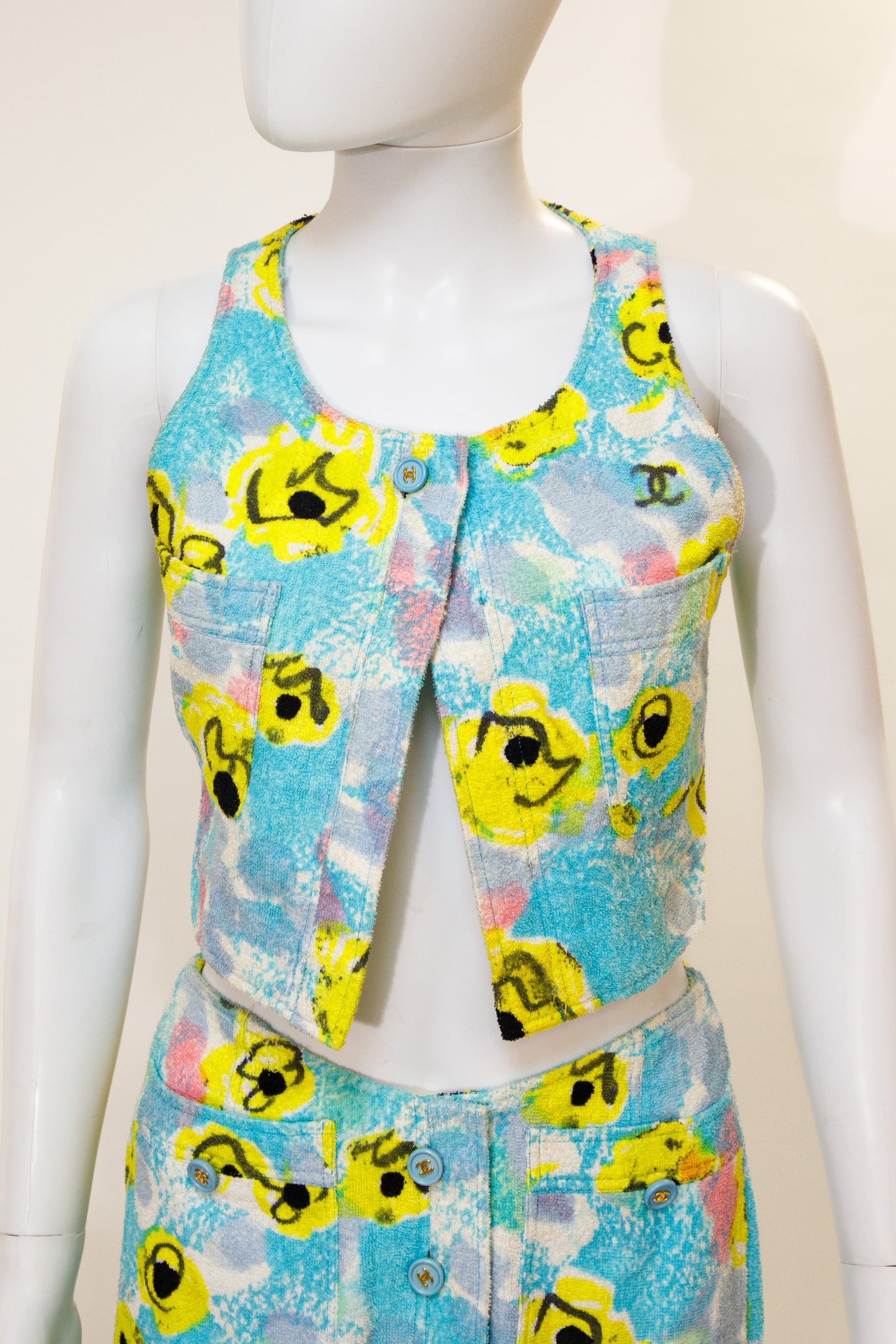 Chanel 1997 Blue Floral Terry Cloth Top and Skirt Set