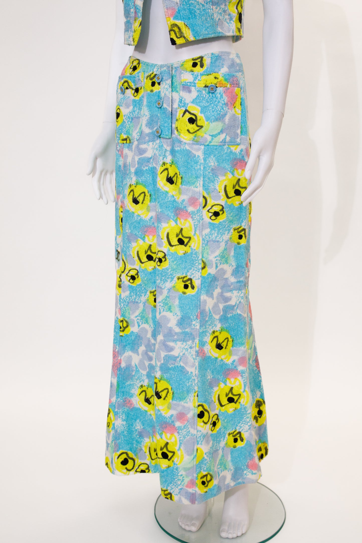 Chanel 1997 Blue Floral Terry Cloth Top and Skirt Set