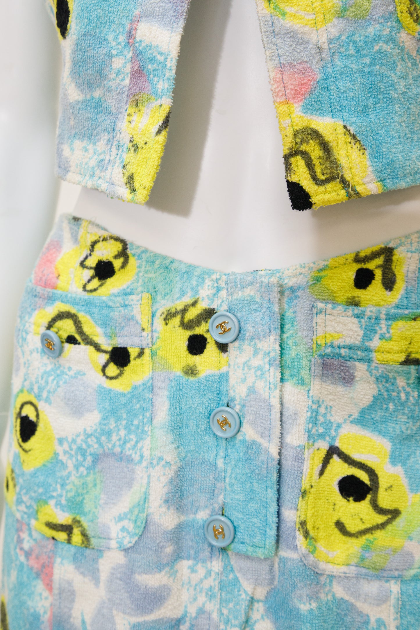 Chanel 1997 Blue Floral Terry Cloth Top and Skirt Set