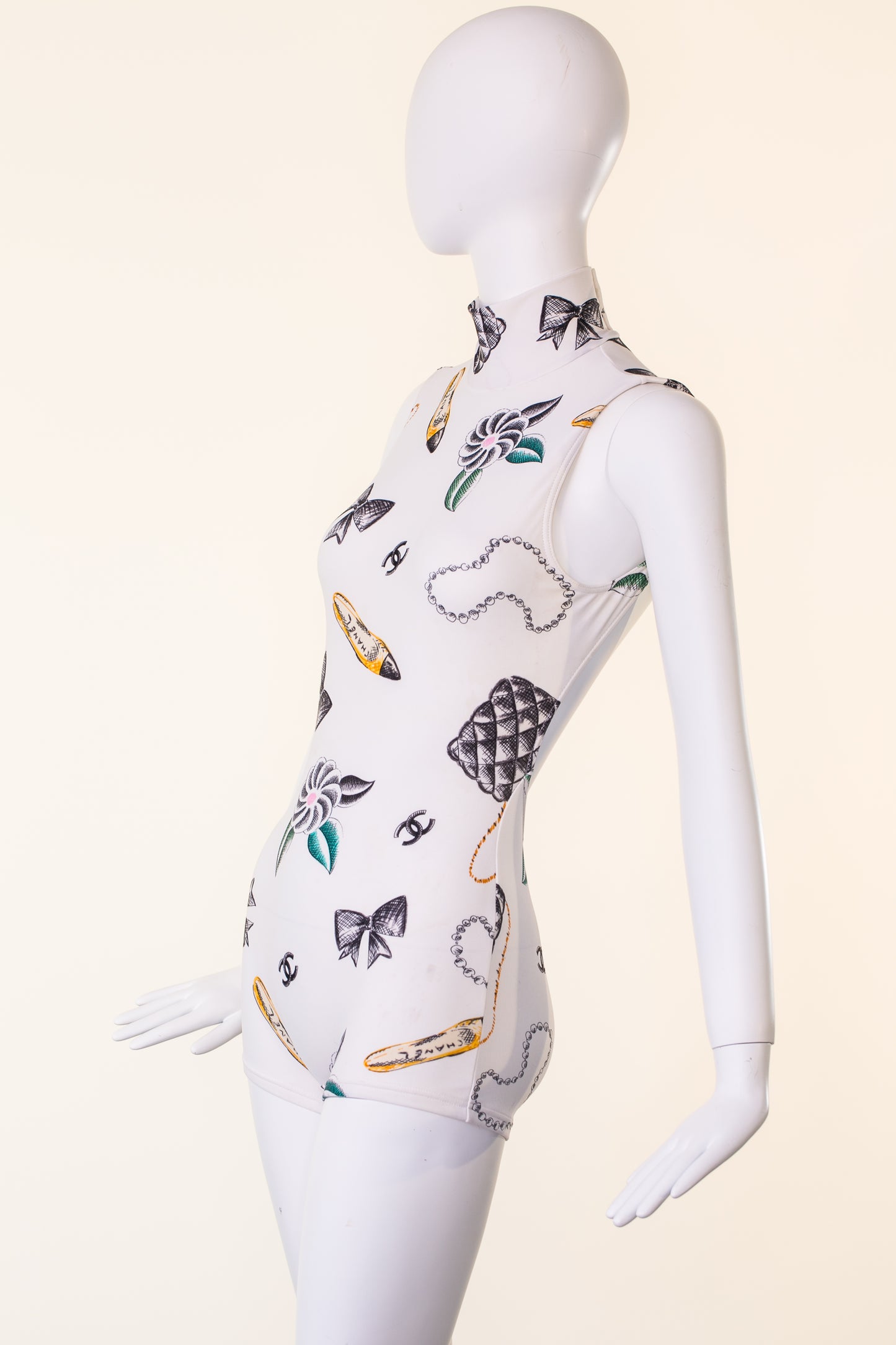 Chanel 1996 Printed White Backless Bodysuit