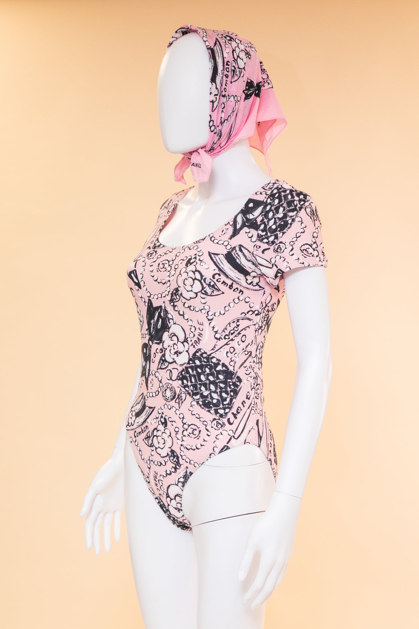 Chanel 1993 Runway Printed Pink Swimsuit & Scarf