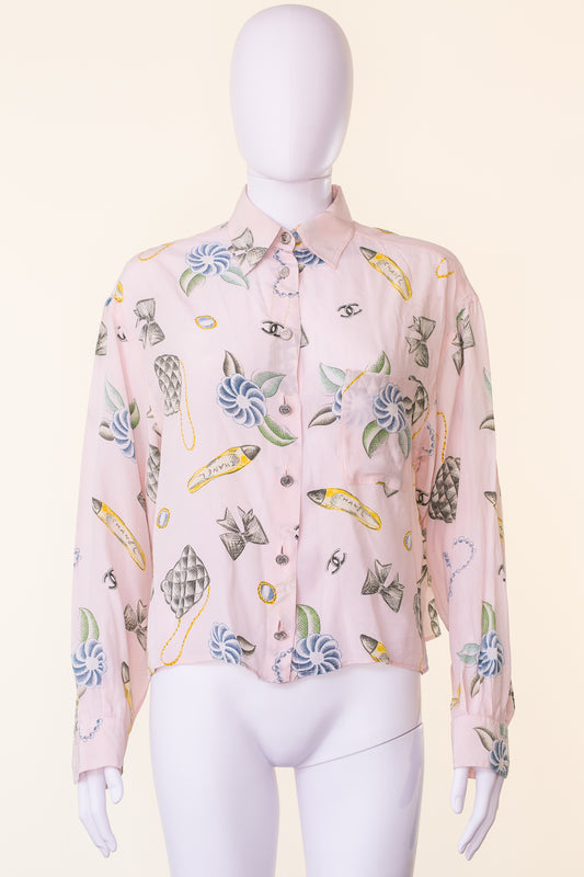 Chanel 1996 Pink Printed Silk Shirt