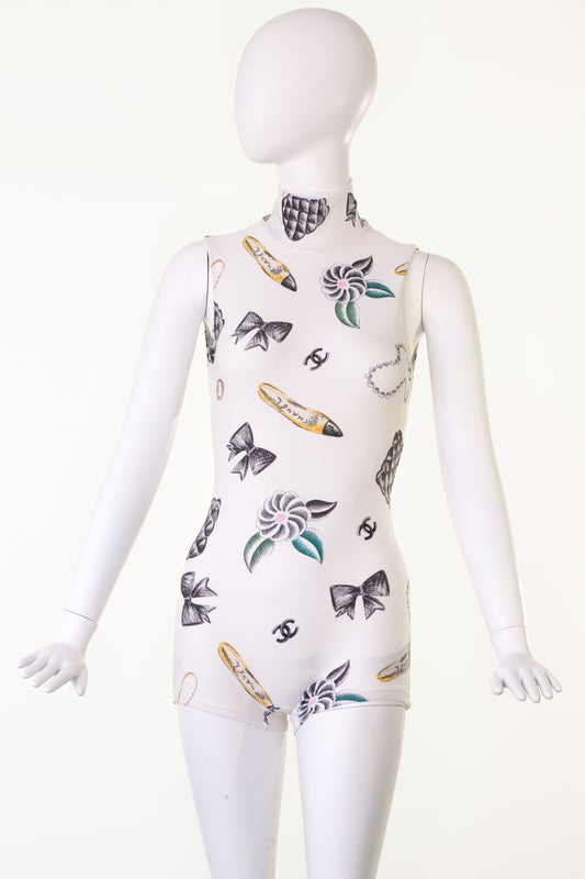 Chanel 1996 Printed White Backless Bodysuit